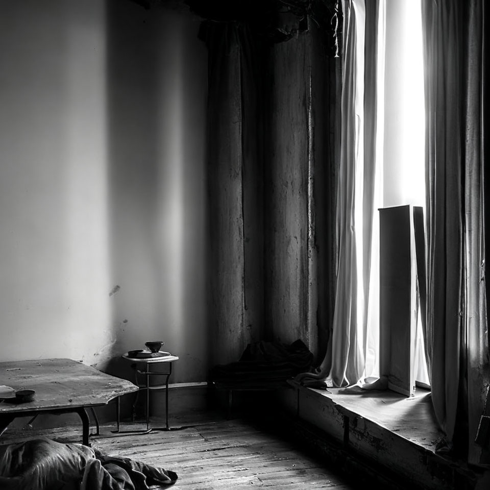 Dimly lit black and white photo of old room with sheer curtains and rugged table