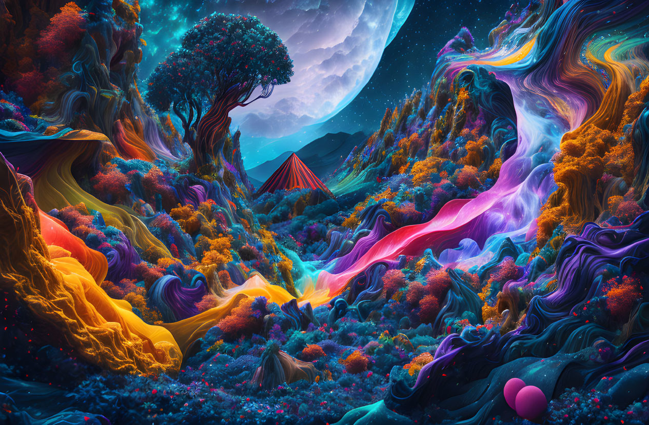 Colorful fantasy landscape with luminous trees, moon, and heart balloon