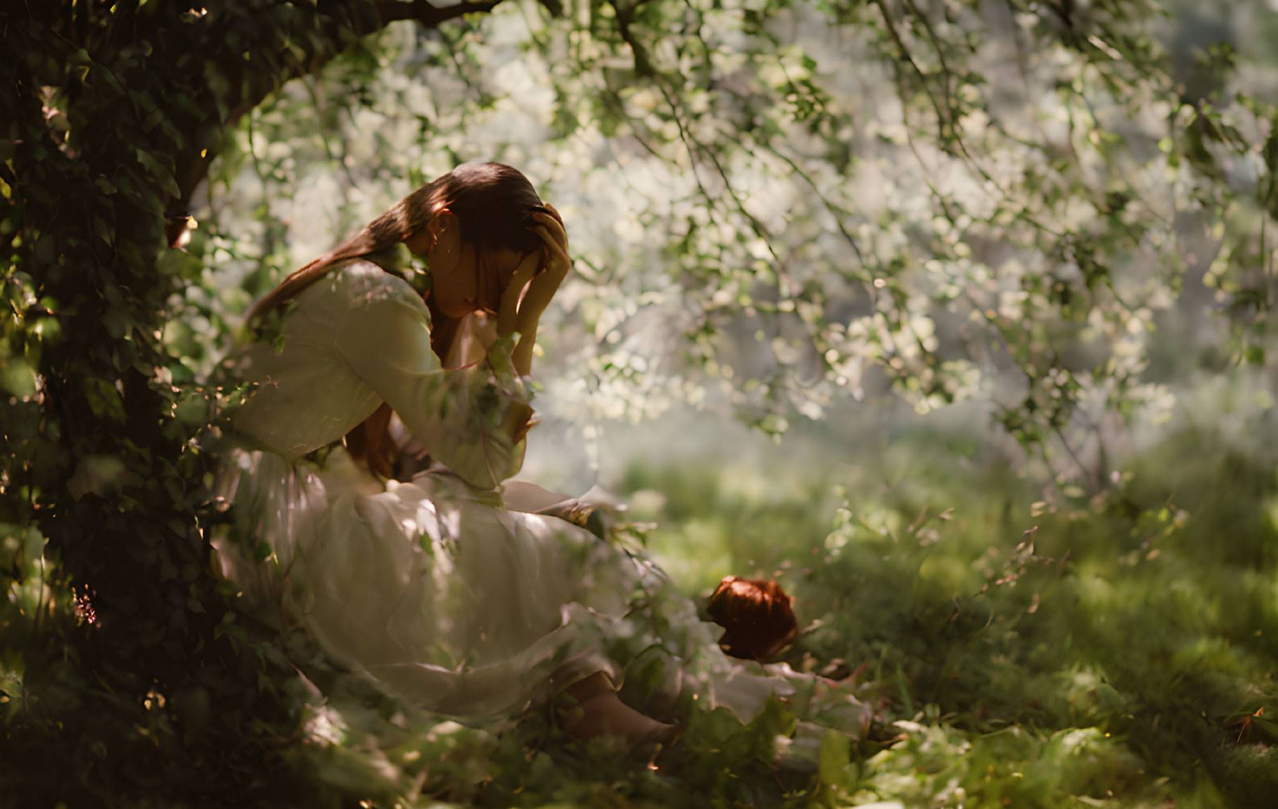 Person sitting under sun-dappled tree in serene setting