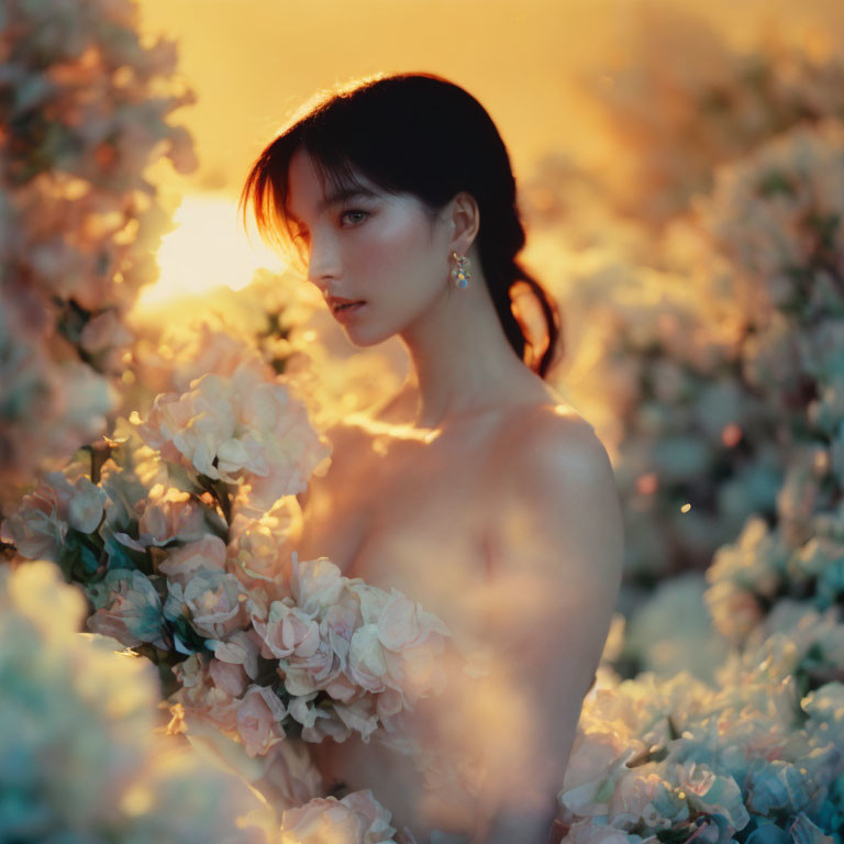 Woman with Pale Flowers in Warm Sunset Backdrop