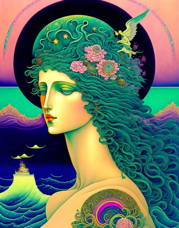 Colorful artwork: Woman with green hair and flowers, starry halo, sailing ship, stylized