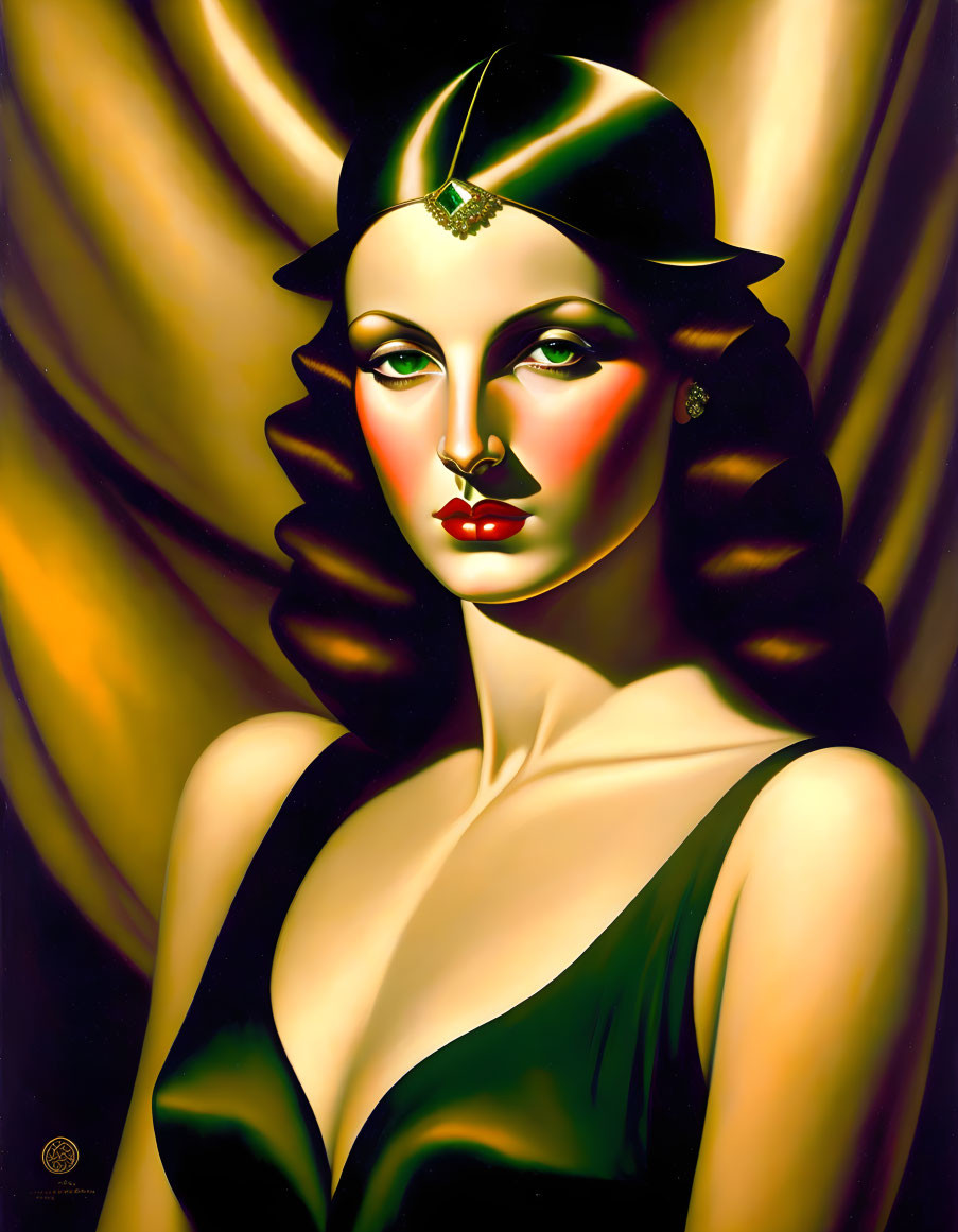 1930s-inspired woman portrait with bold lipstick and elegant headdress