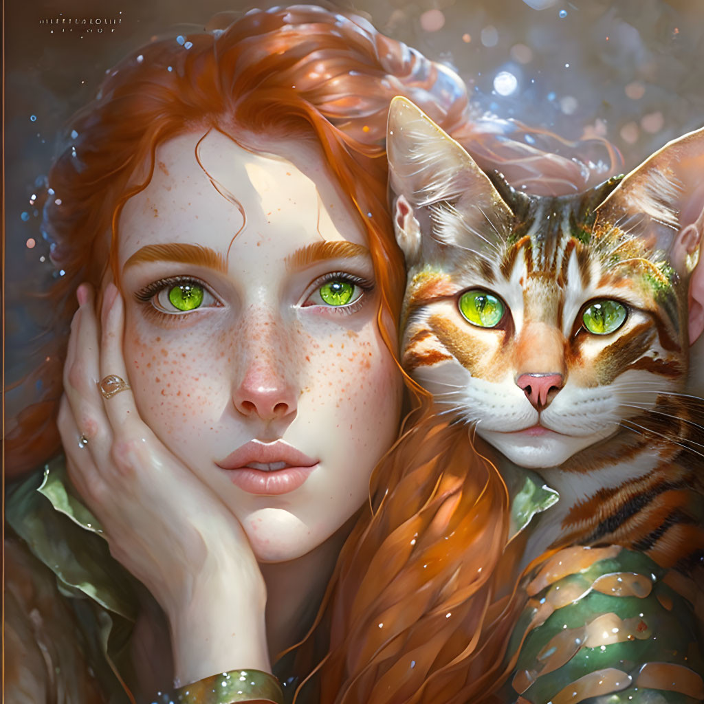 Red-haired woman with green eyes and striped cat in matching pose.