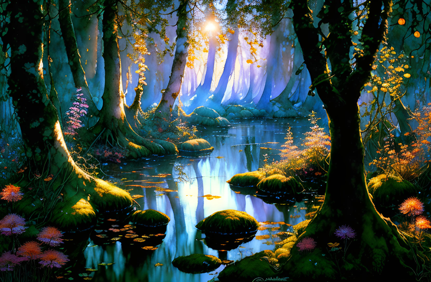 Enchanting forest with sunbeams, moss, colorful flora, ponds