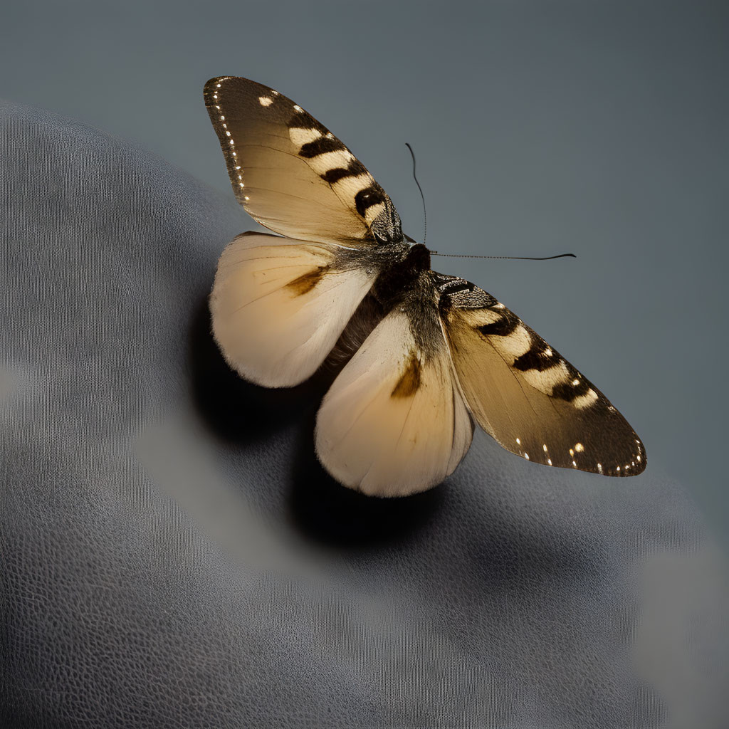 Black and white butterfly on soft surface against blue-gray background