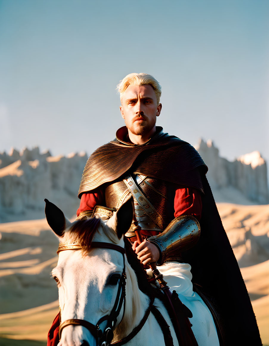 Blond man in medieval armor on white horse in desert landscape