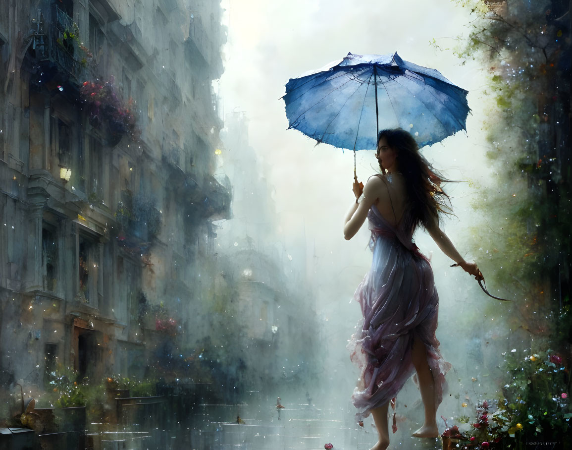 Woman with Blue Umbrella Walking in Rainy Cityscape