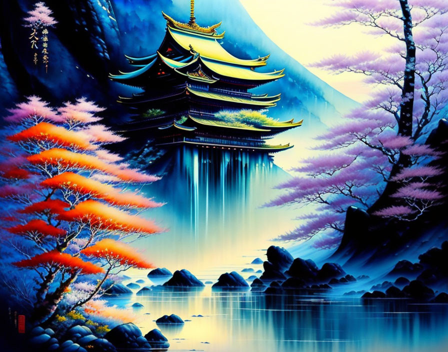 Traditional pagoda temple near waterfall with red and purple trees in vibrant artwork