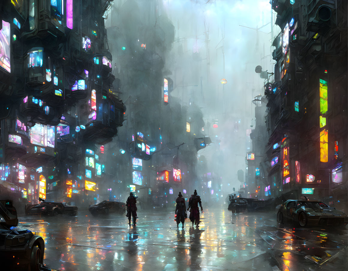 Futuristic city street with neon lights, rain, silhouettes, and flying vehicles