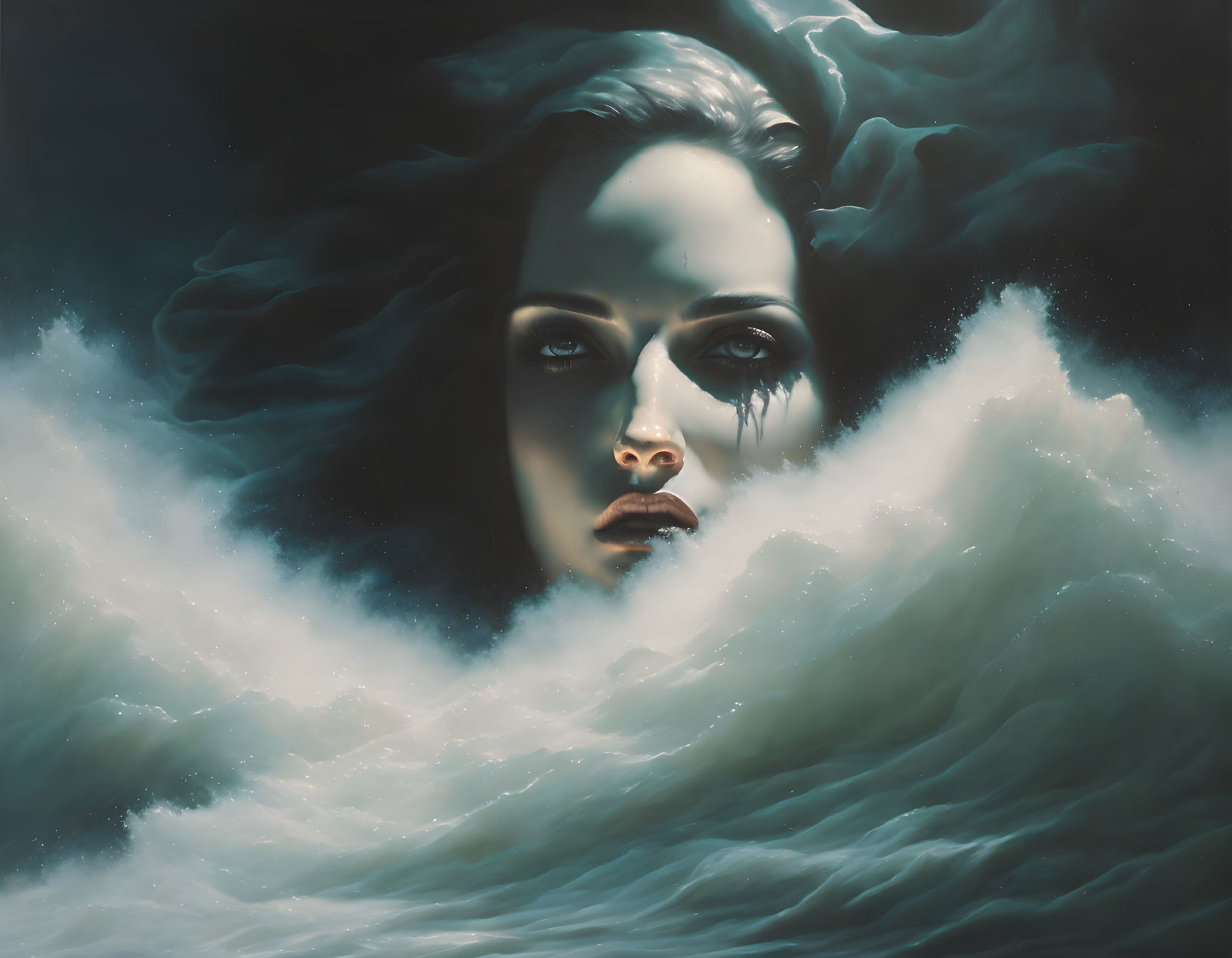 Surreal portrait of woman's face in waves with dark, cloudy backdrop