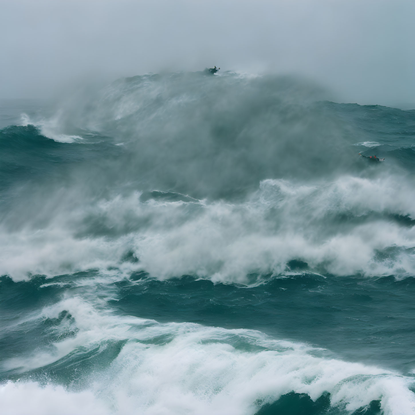 Stormy Sea with Towering Waves and Small Boat on Crest - Ocean's Power Displayed