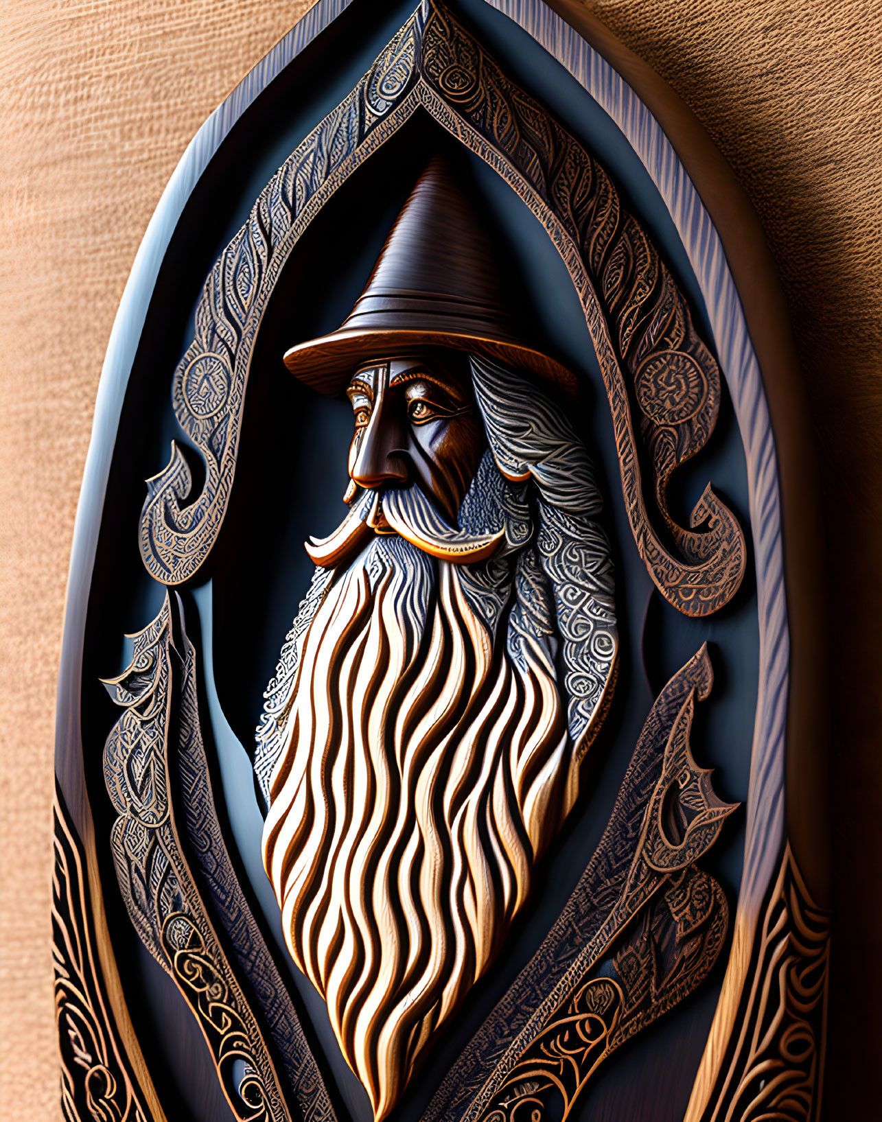 Wizard with Pointed Hat and Ornate Beard Carved in Wooden Relief