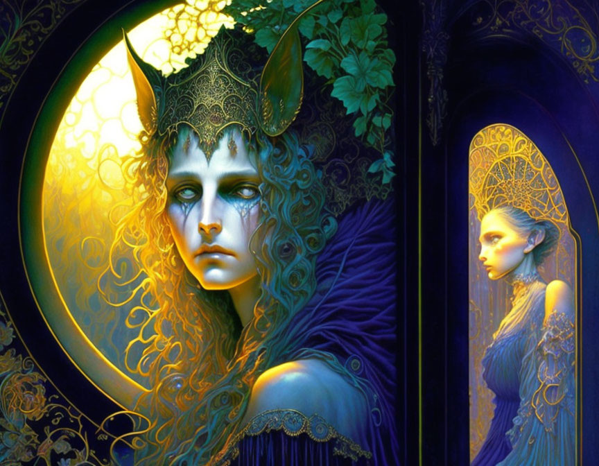 Mystical fantasy artwork: Two figures in ornate headpieces, one blue with horns, in