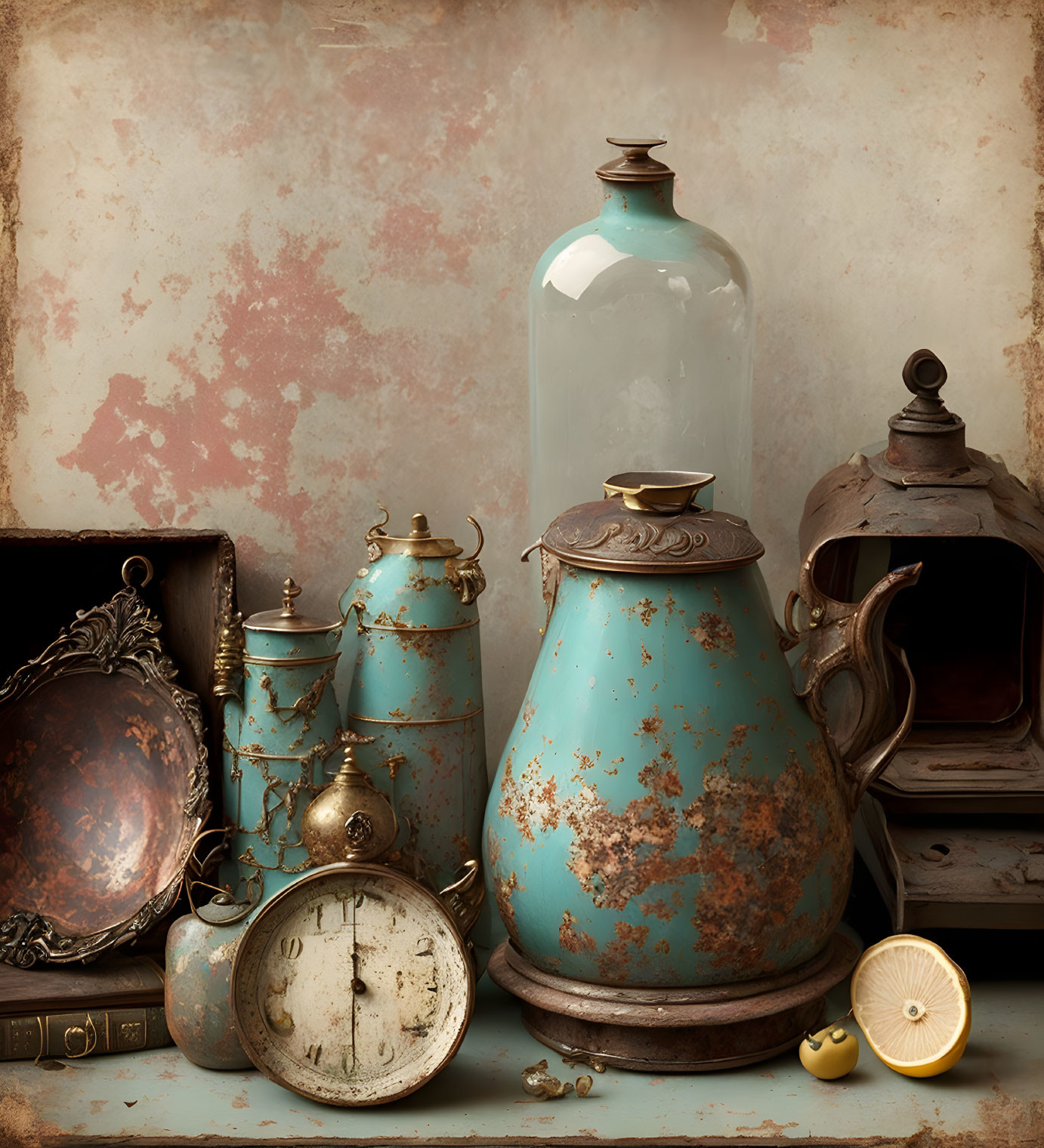 Rustic vintage still life with kitchenware and antique items