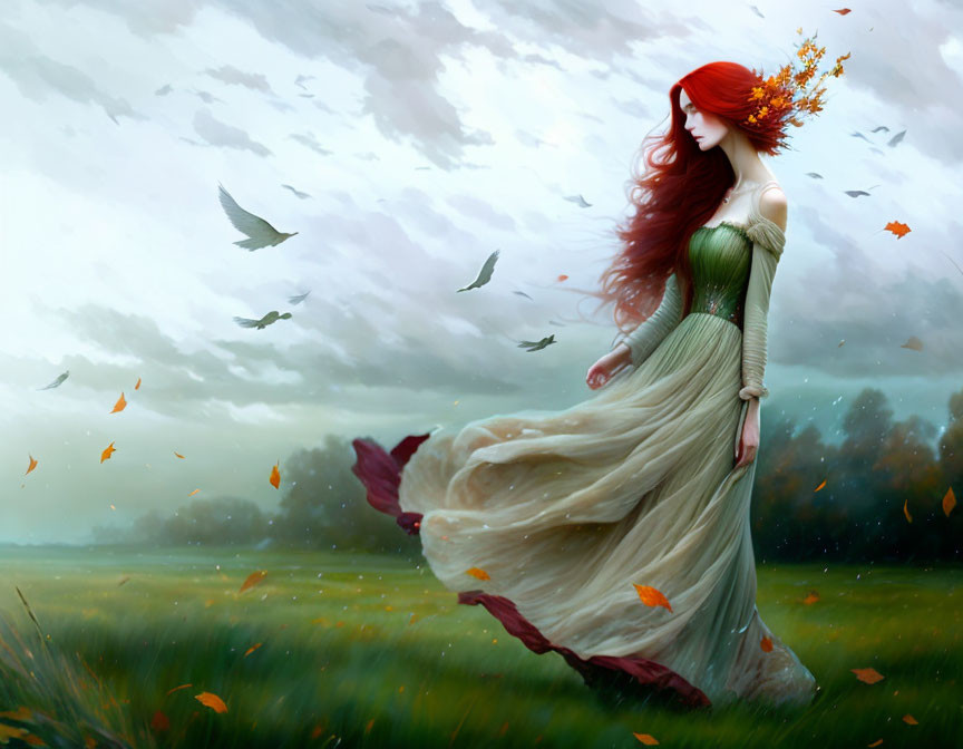 Red-haired woman in green gown surrounded by autumn leaves in serene setting