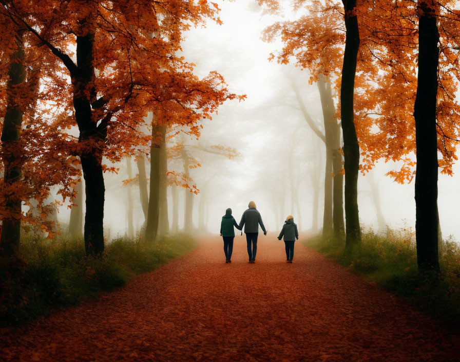 Three individuals strolling on misty forest trail with autumn trees.