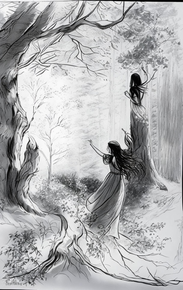 Ethereal figures in misty forest with flowing hair and robes