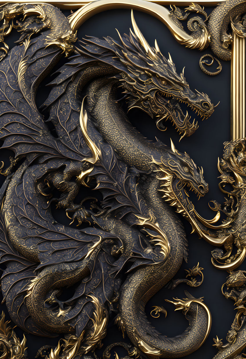 Golden Dragon Sculpture with Intricate Designs on Dark Background