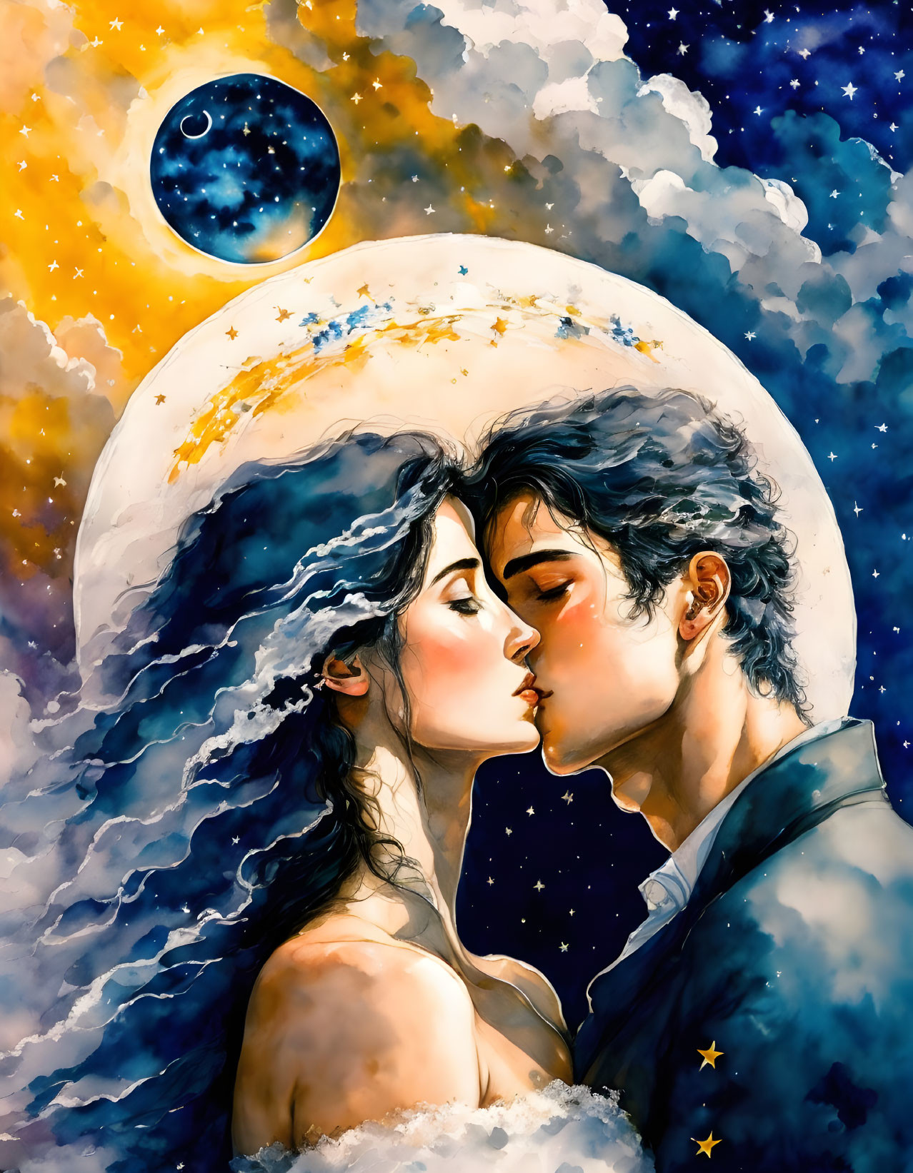 Romantic couple kissing under starry sky with crescent moon and planet.