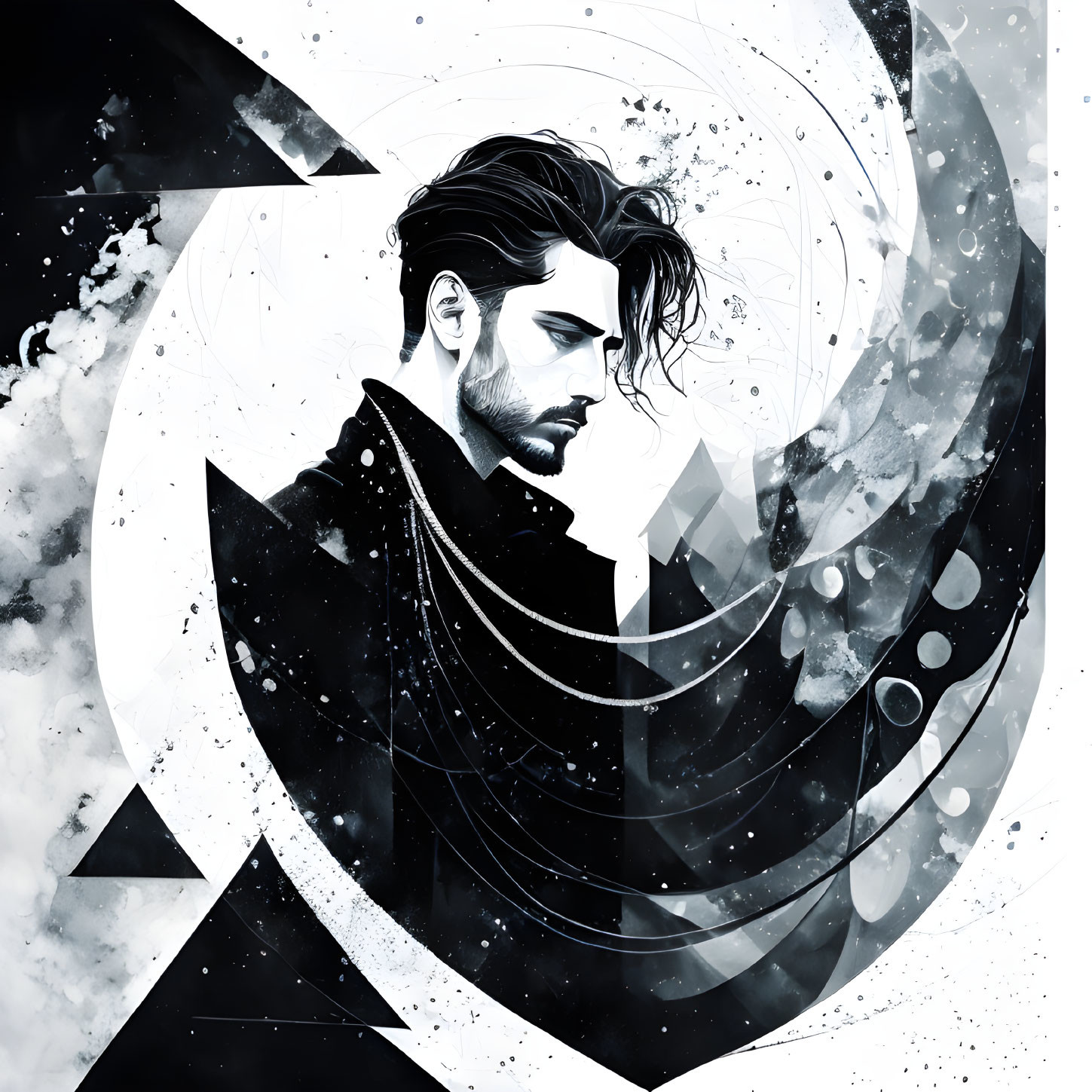 Monochromatic illustration of man with flowing hair and beard against abstract cosmic backdrop