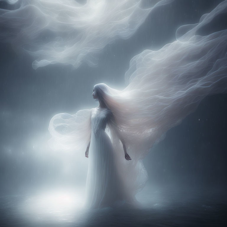 Woman in flowing white dress under mystical glowing light in surreal setting