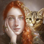 Red-haired woman with green eyes and striped cat in matching pose.