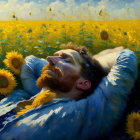 Bearded Man Relaxing in Sunflower Field under Blue Sky