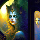 Mystical fantasy artwork: Two figures in ornate headpieces, one blue with horns, in