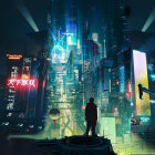 Solitary figure in front of neon-lit futuristic cityscape at night