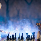 Elderly bearded characters playing chess in mystical forest setting