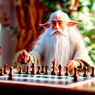 Elderly wizard with white beard plays chess with magical blue energy beam