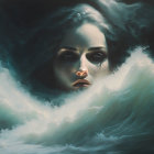 Surreal portrait of woman's face in waves with dark, cloudy backdrop