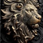 Embossed Gold Lion's Head on Dark Ornate Background