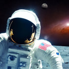 Astronaut in space suit on lunar surface with American flag patch