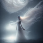 Woman in flowing white dress under mystical glowing light in surreal setting