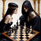 Stylized women playing chess on checkered floor