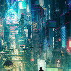 Solitary figure in misty neon-lit futuristic cityscape