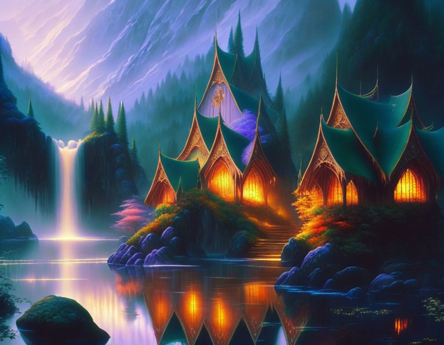 Fantasy landscape with illuminated pointed-roof houses by tranquil lake, waterfalls, lush greenery,