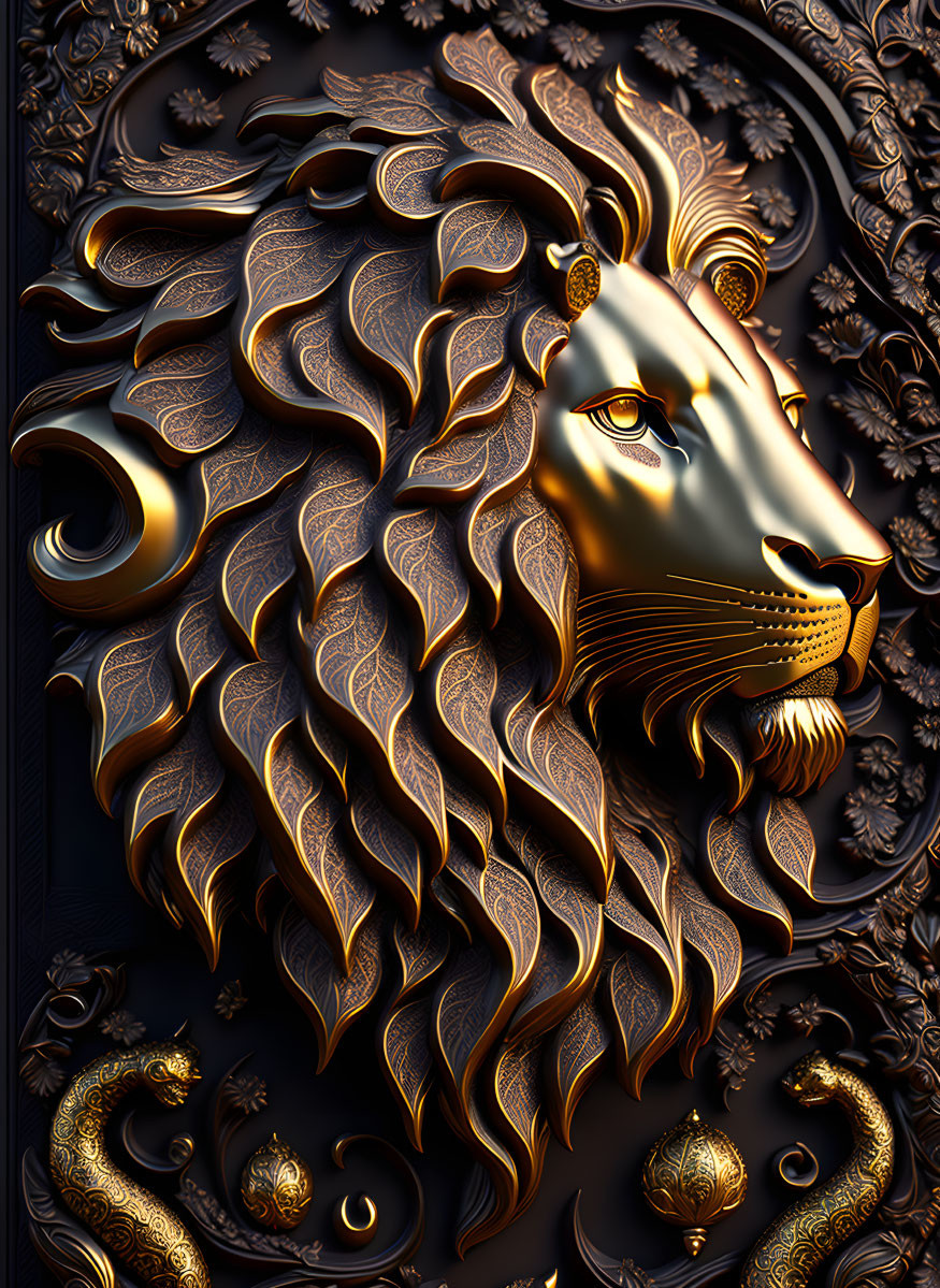 Embossed Gold Lion's Head on Dark Ornate Background