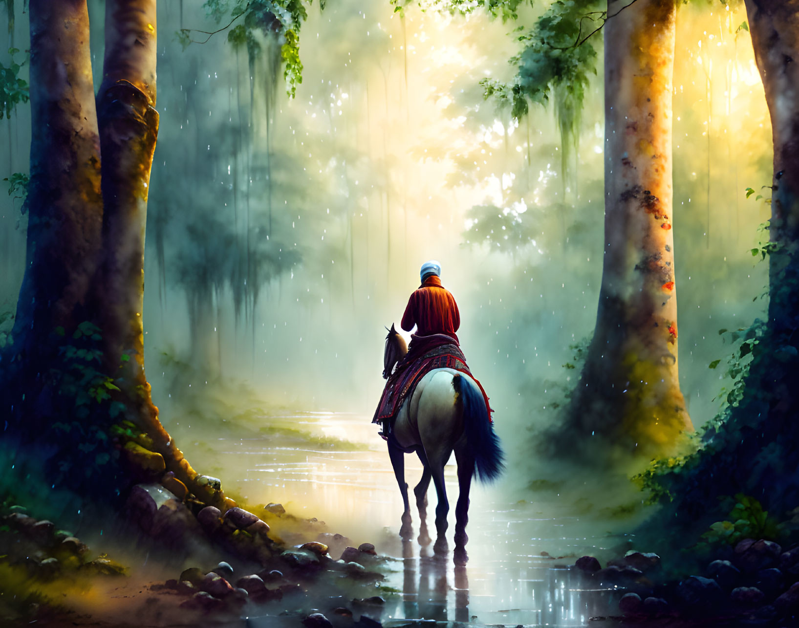 Mystical forest scene with lone rider on horseback