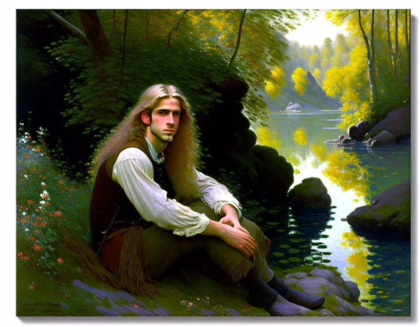 Long-haired man in historical attire by forest stream with sunlight.