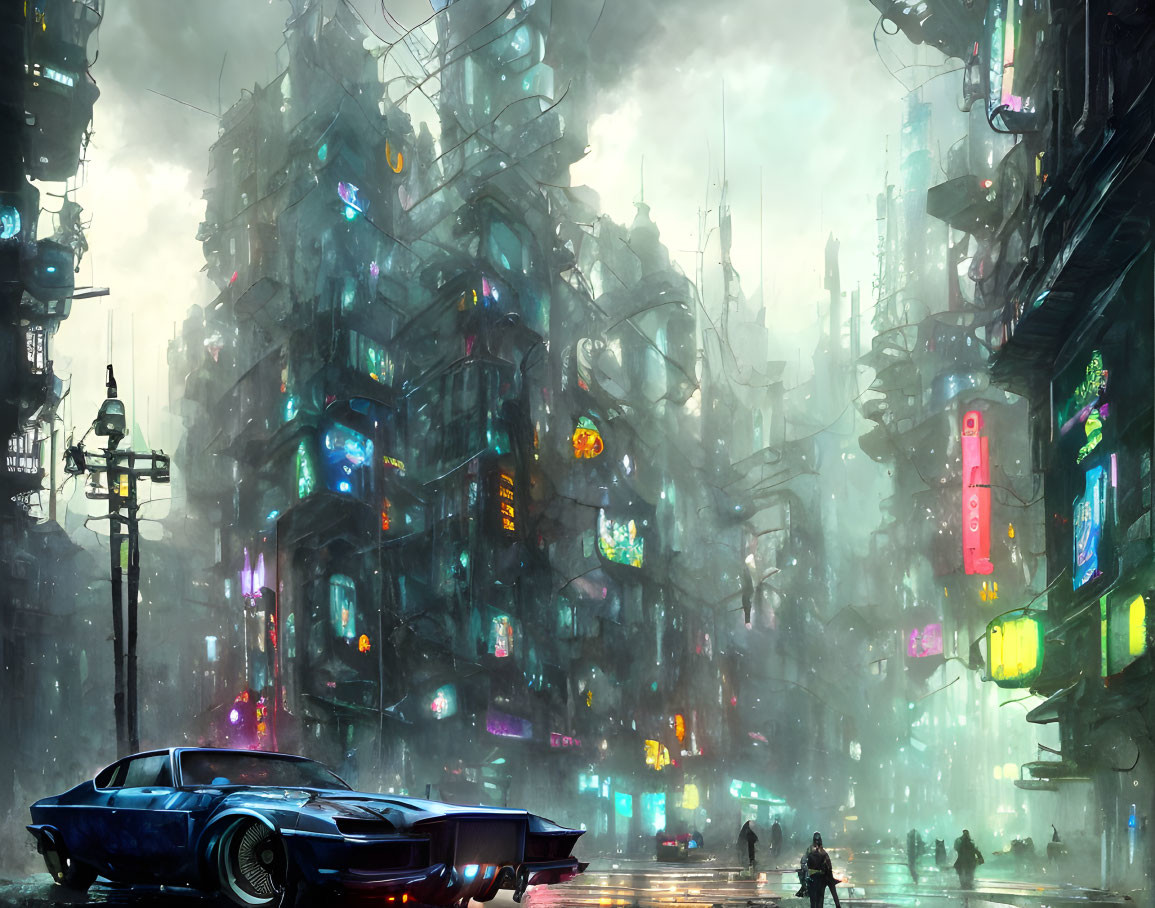 Futuristic cityscape with towering buildings, neon signs, sleek car, and lone figure walking in