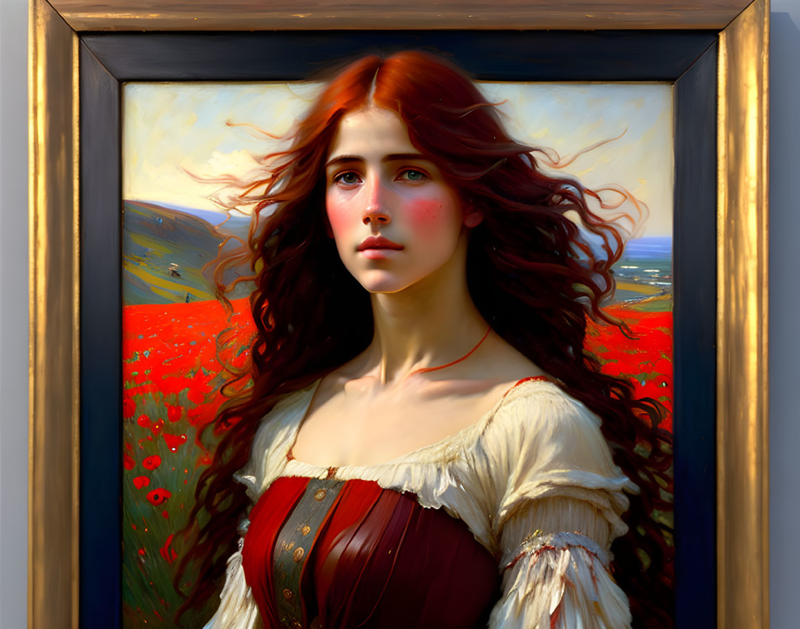 Portrait of Woman with Red Hair in Poppy Field Setting