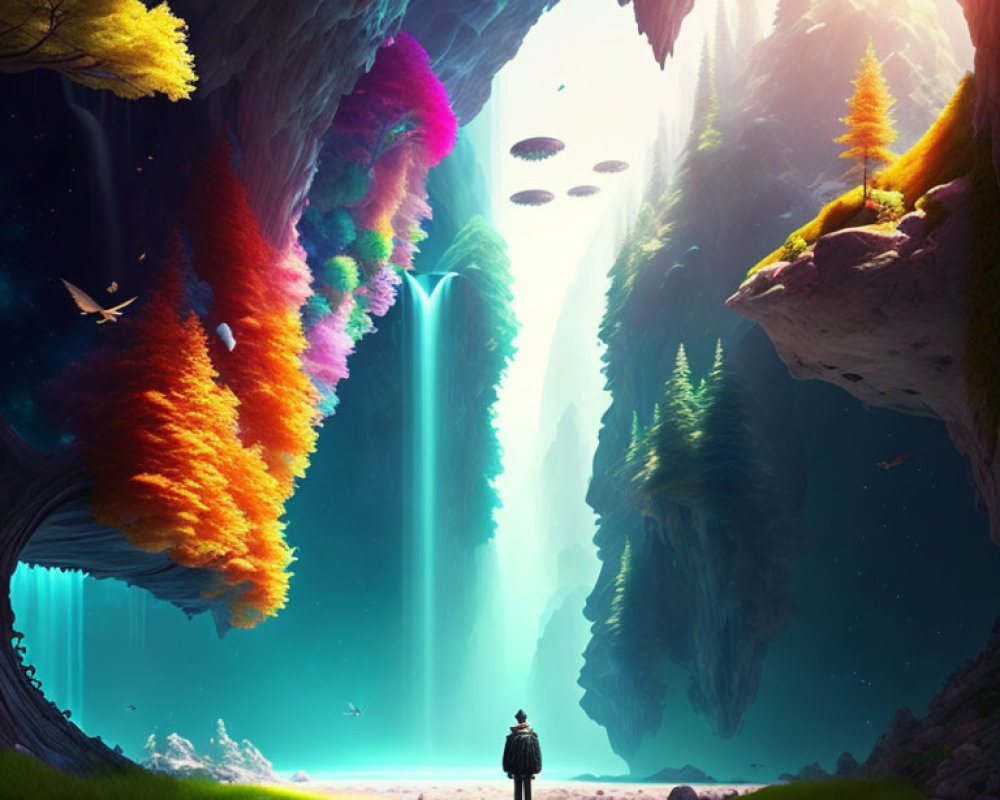 Vivid cave entrance with colorful flora, waterfalls, and UFOs under radiant sky