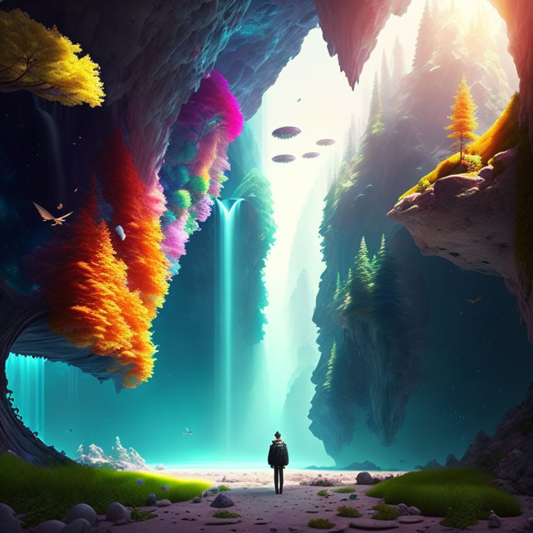 Vivid cave entrance with colorful flora, waterfalls, and UFOs under radiant sky