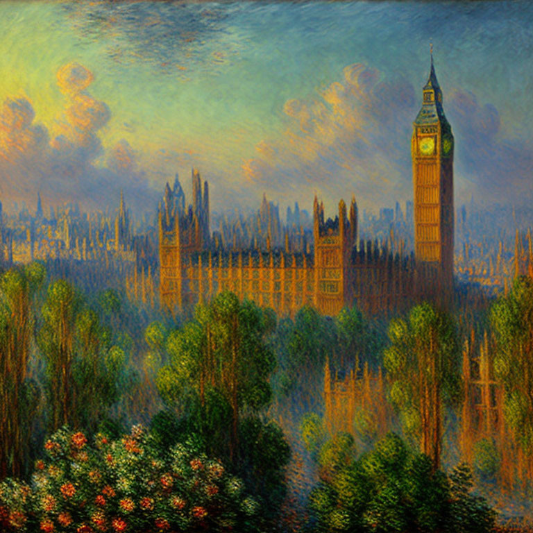 Impressionistic painting of Big Ben and Parliament at dusk