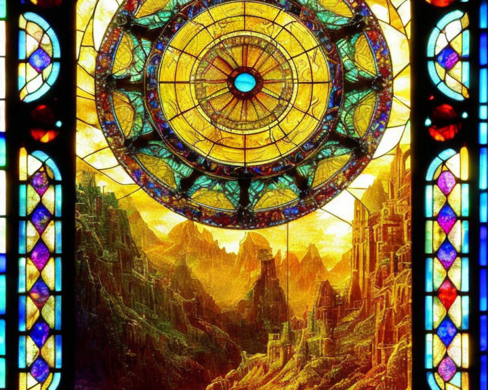 Circular Design Stained Glass Window Over Fantasy Landscape