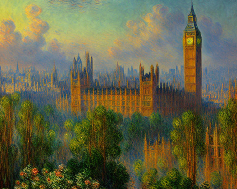 Impressionistic painting of Big Ben and Parliament at dusk