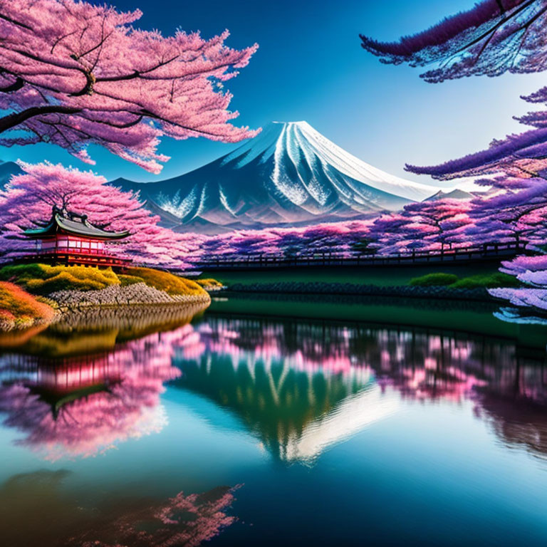 Scenic Mount Fuji with cherry blossoms, reflecting lake, and pagoda.