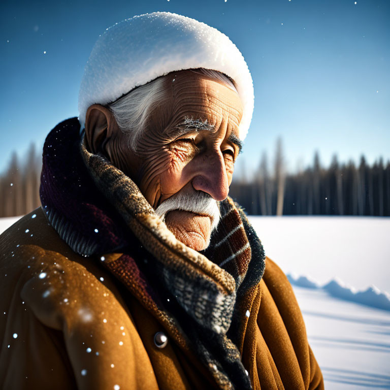 Elderly Man Smiling in Snowy Forest at Sunset